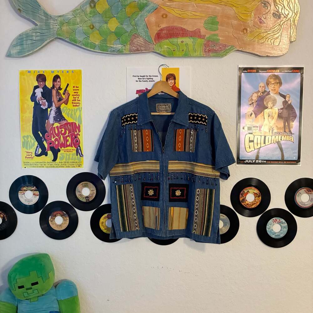 Tantrum Blues Vintage Denim Zip Front Short Sleeve Jacket Beaded Patchwork Trims